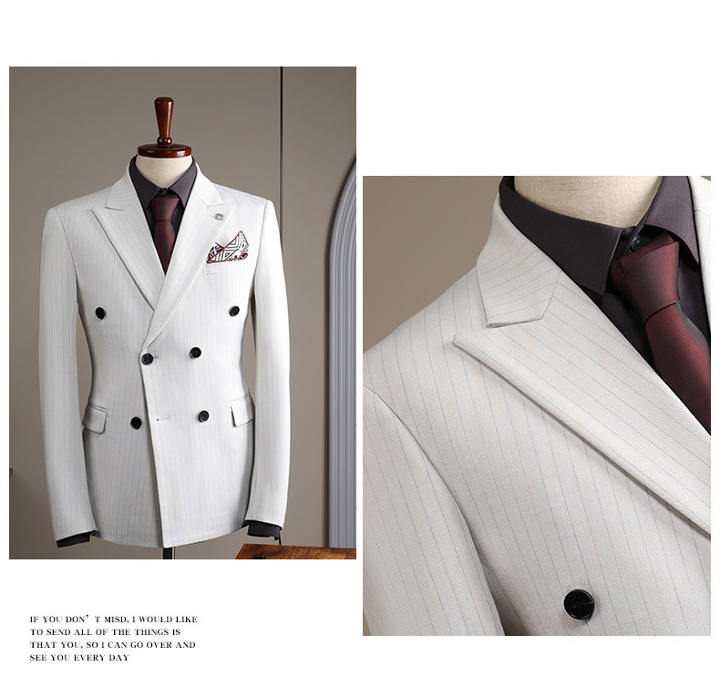 Herrenbekleidung, gestreifter Anzug, schmale Passform, zweireihig, gestreiftes Anzugset – formell und leger, Hochzeit, Business-Blazer mit Hose und Weste zur Auswahl_voghion.com