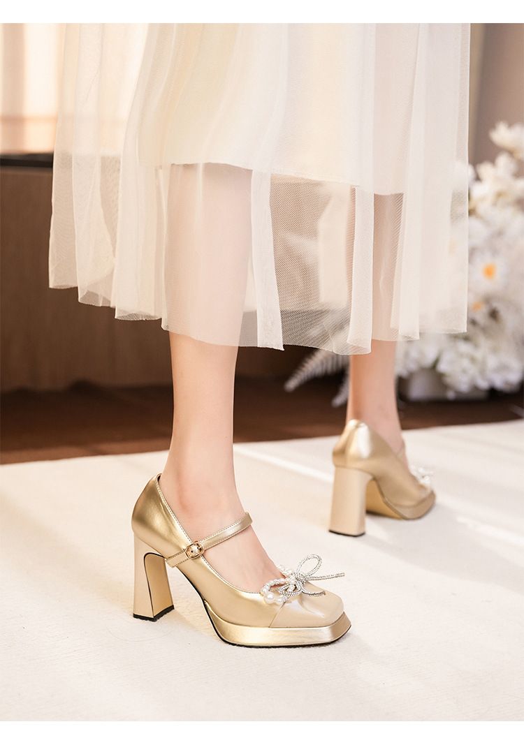 Y9759-096 Color Block Mary Jane Rhinestone Bow Chunky Heel High Heels Lively Elegant Luxurious Dress Shoes_voghion.com