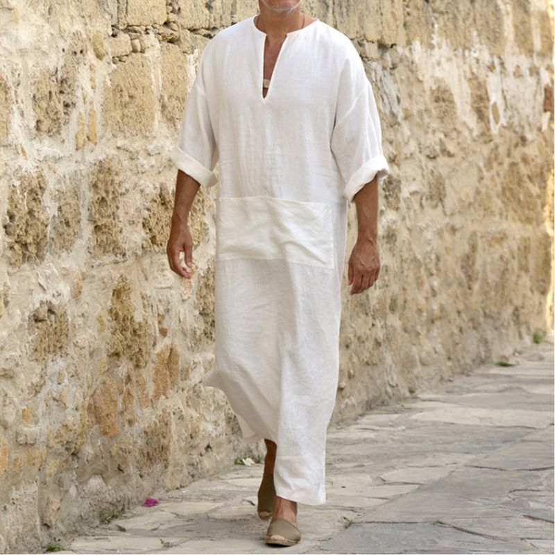 2025 hombres Jubba Thobe Kaftan árabe islámico con cuello en V manga larga sólido algodón Lino bata musulmana Arabia hombre Abaya_voghion.com