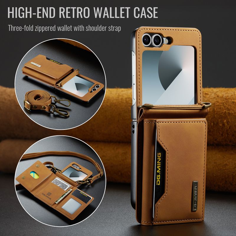 Custodia pieghevole M2 per Samsung Z Flip6 Custodia per telefono con portafoglio per carte Custodia protettiva in pelle con tracolla Z Flip6_voghion.com