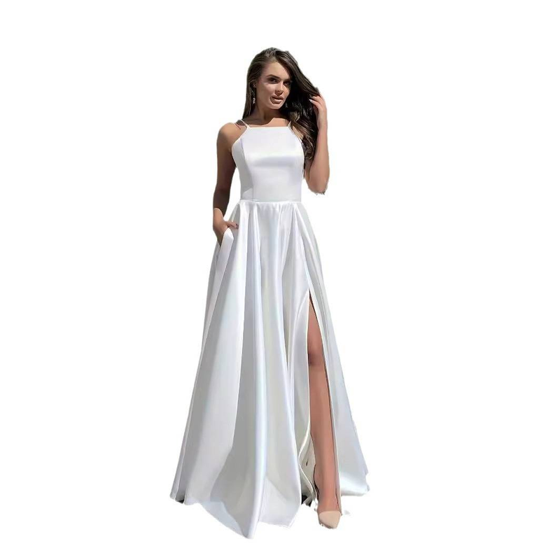 Sommerkleid in Übergröße, ärmelloses Maxikleid mit V-Ausschnitt und Schlitz, elegantes, fließendes Design, atmungsaktives Polyestergewebe – weißes, lässiges Boho-Chic-Kleid_voghion.com