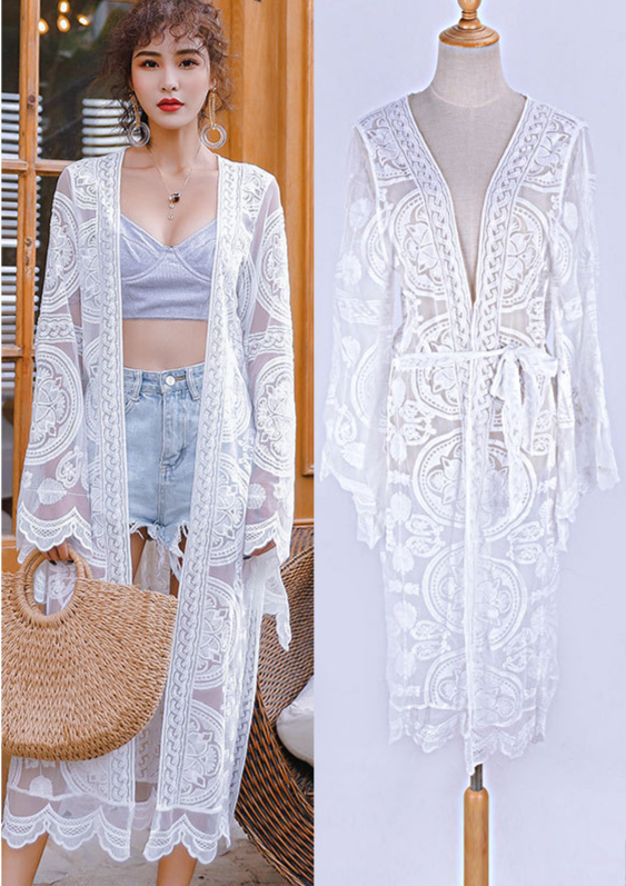 Damenbekleidung Strand-Cardigan, Strandurlaub, Sonnenschutz, sexy Spitze, Strandüberzug, transparent, gehäkelt, Kimono, Bikini, Wickel, Bademode, Cardigan_voghion.com