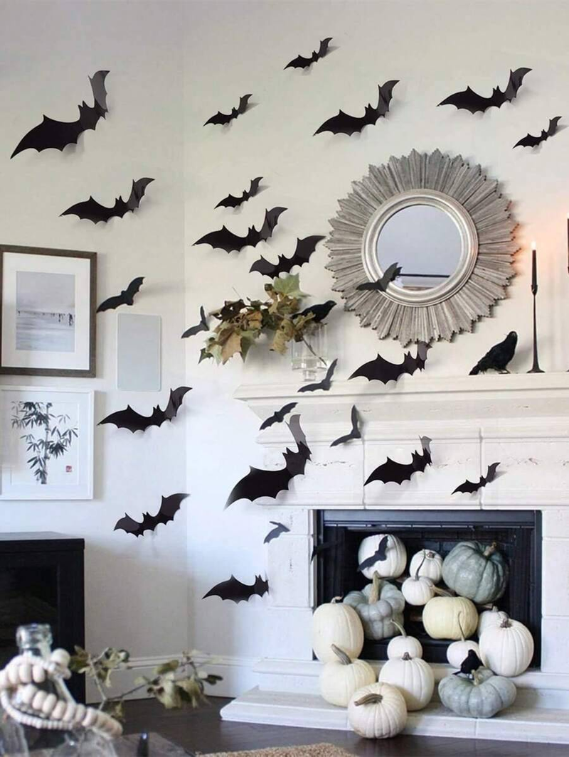 48Pcs/Set Halloween Wall Bat Decor, Black Plastic Bat Stickers For Halloween Room Decor,Waterproof 3D Realistic Bat For Halloween Party Decoration_voghion.com
