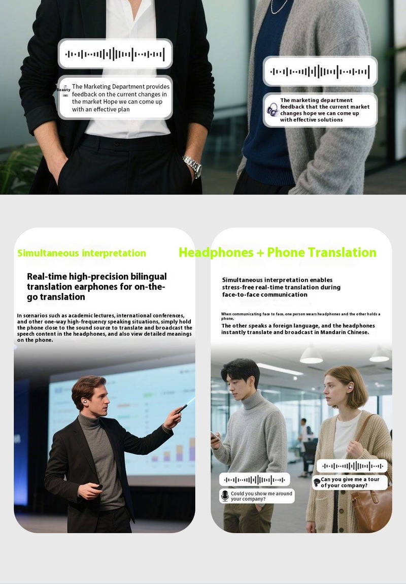 HTC Professional Translator Simultandolmetscher KI Intelligentes kabelloses Bluetooth-Headset Clip-On-Ohr Hochwertiger interaktiver Farbbildschirm_voghion.com