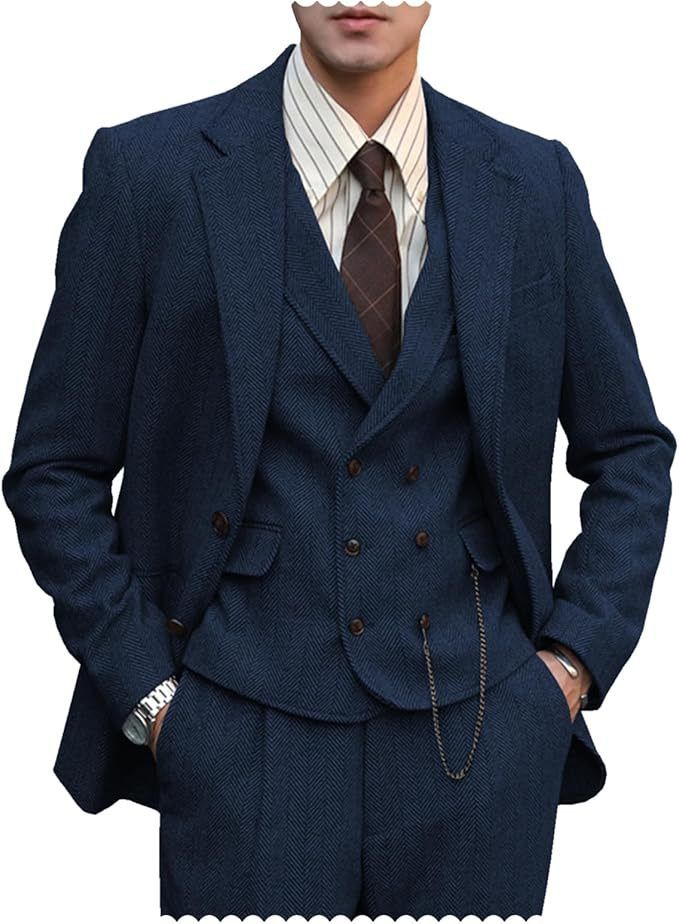 3-teiliges Slim Fit-Anzugset für Herren mit Fischgrätenmuster – Business-Casual-Blazer, Weste und Hose für Hochzeit, Party und Büro_voghion.com