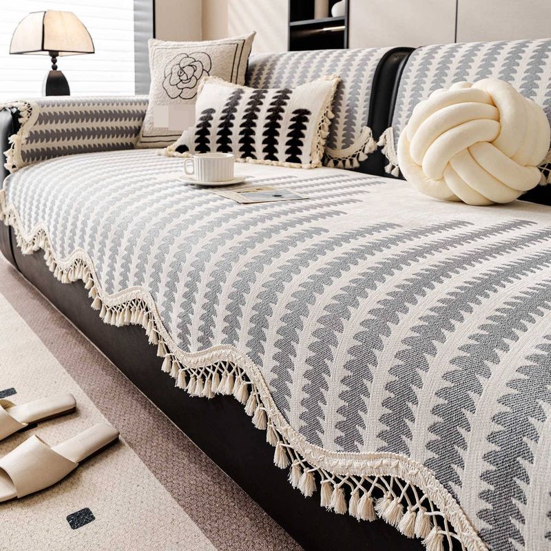 Chenille Sofa Cushion Cover With Tassels – Vintage Striped Design, Non-Slip & Custom Sizes (Bohemian Style, Universal Fit For Sectional Sofas)_voghion.com