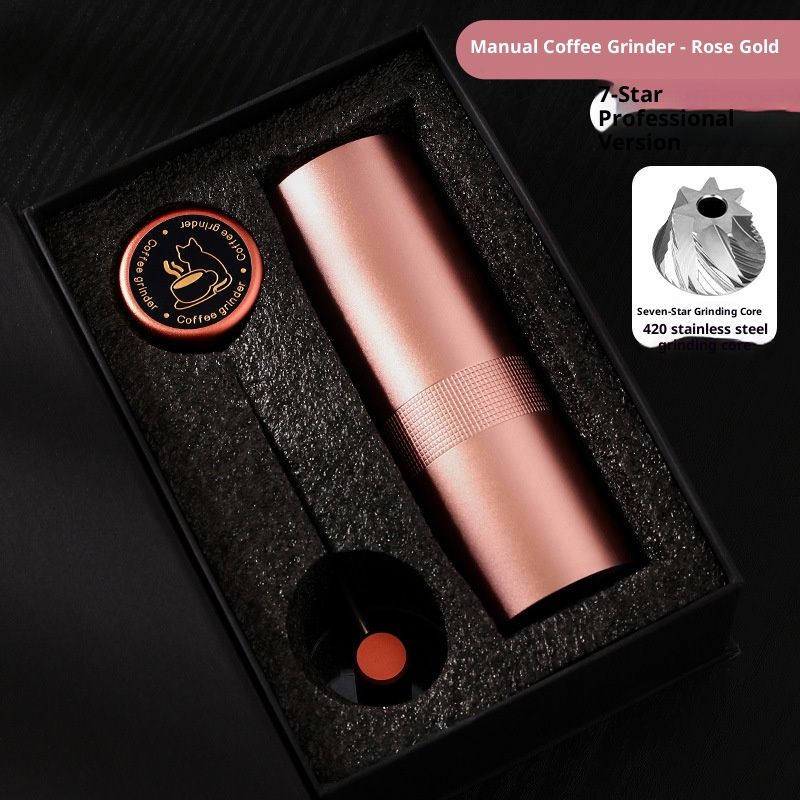 Hochwertige manuelle Kaffeemühle mit 7-Sterne-Edelstahlmahlwerk – tragbare Handkurbelmühle, einstellbarer Mahlgrad, Roségold, inklusive Geschenkbox_voghion.com