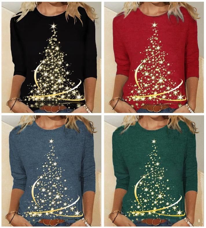 Cozy Christmas Print T-Shirt – Long Sleeve Round Neck Women's Top With 3D Holiday Designs ( Polyester-Cotton Blend For Softness & Durability)_voghion.com