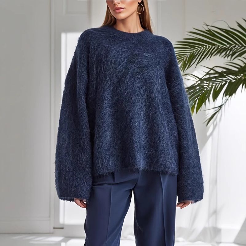 Suéter oversize de mujer, mezcla de mohair – Suéter de cuello redondo de punto grueso (acrílico-poliéster, tallas S-XXL) – Gris/Crema/Azul marino/Camel_voghion.com