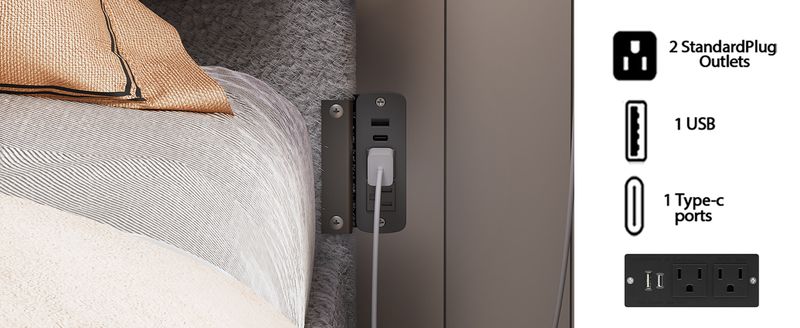 Boucle Bed Frame, Adjustable Rounded Corners Headboard With LED Lights, Upholstered Teddy Fabric Bed Frame With Charging Station_voghion.com