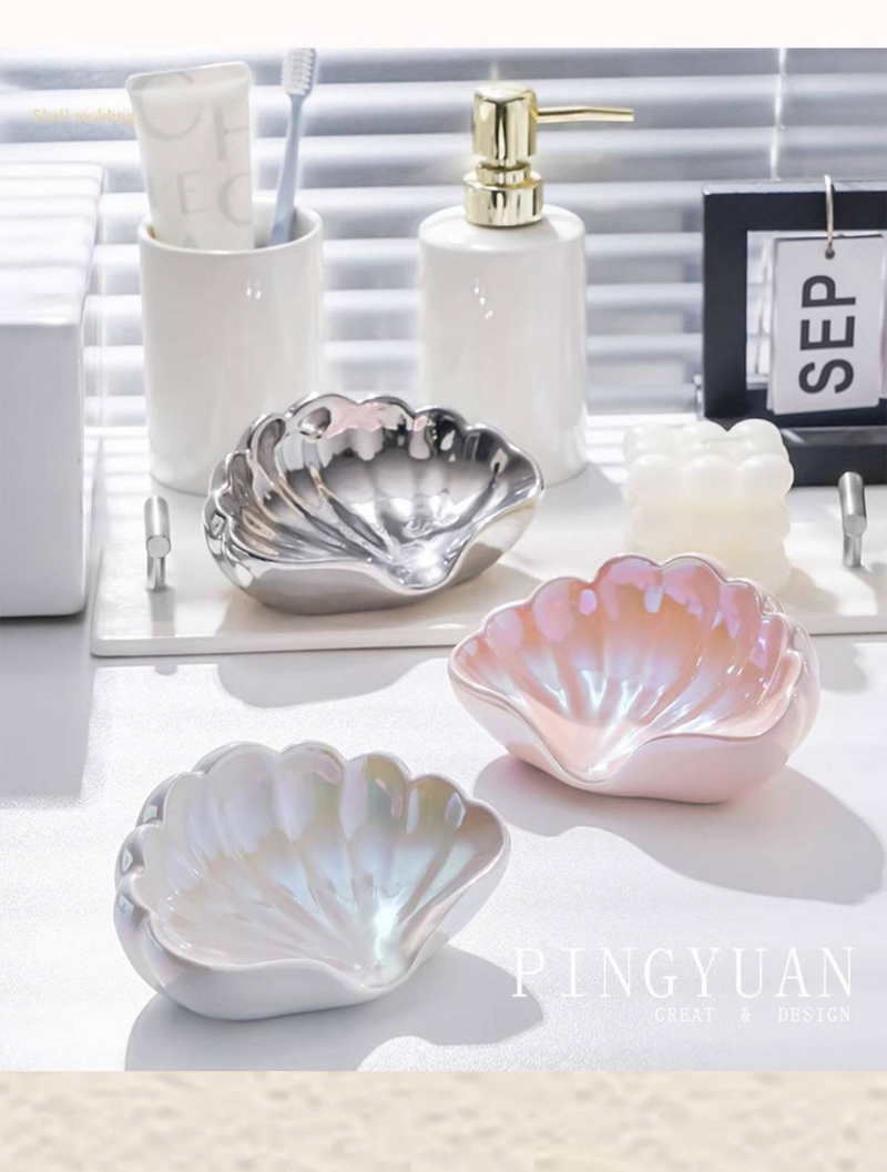 Ceramic Seashell Soap Dish, Creative Bathroom Drain Soap Box, Toilet Sink, High End Luxury Soap Holder_voghion.com