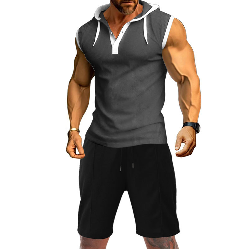Sleeveless vest, shorts, T-shirt, solid color hooded tie up men's casual sports waffle set_voghion.com