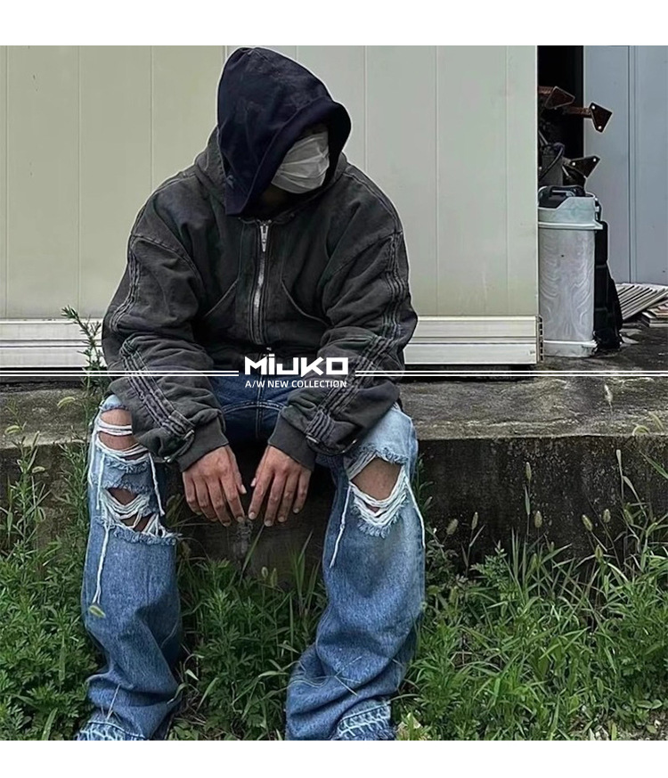 Herren MIJKO Herren Damen zerrissene zerrissene Hose für Männer und Frauen Unisex weites Bein mit Fransen Whiskers leicht gestiefelte Blue Jeans_voghion.com