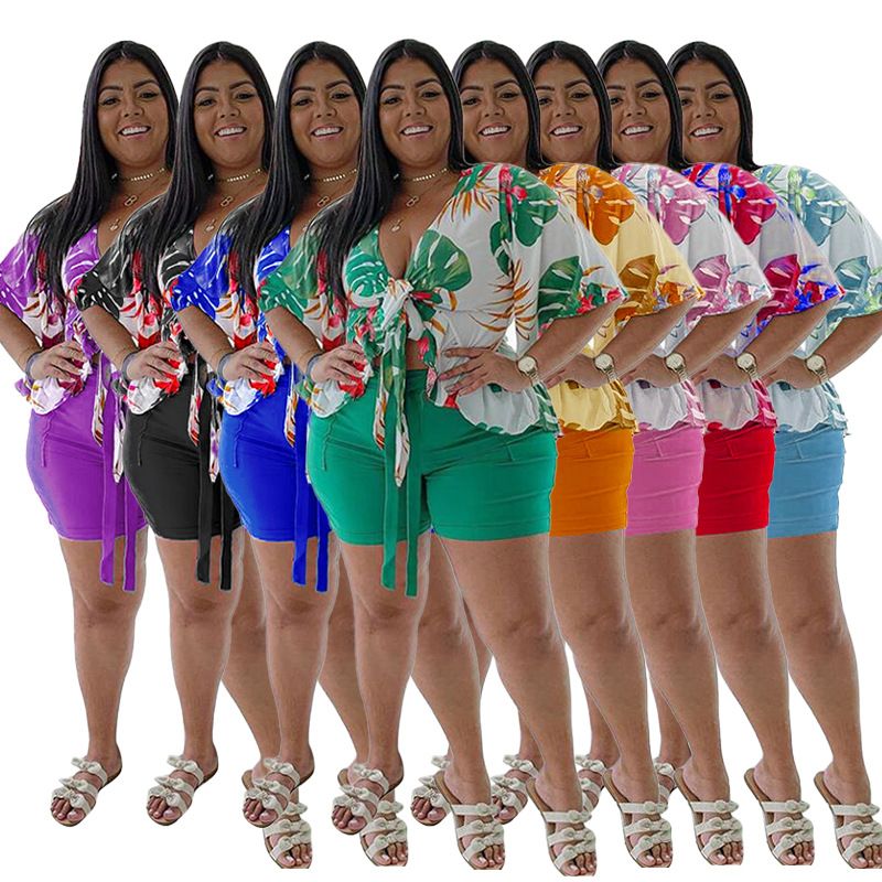 Women's large size two-piece printed casual T-shirt shorts suit_voghion.com