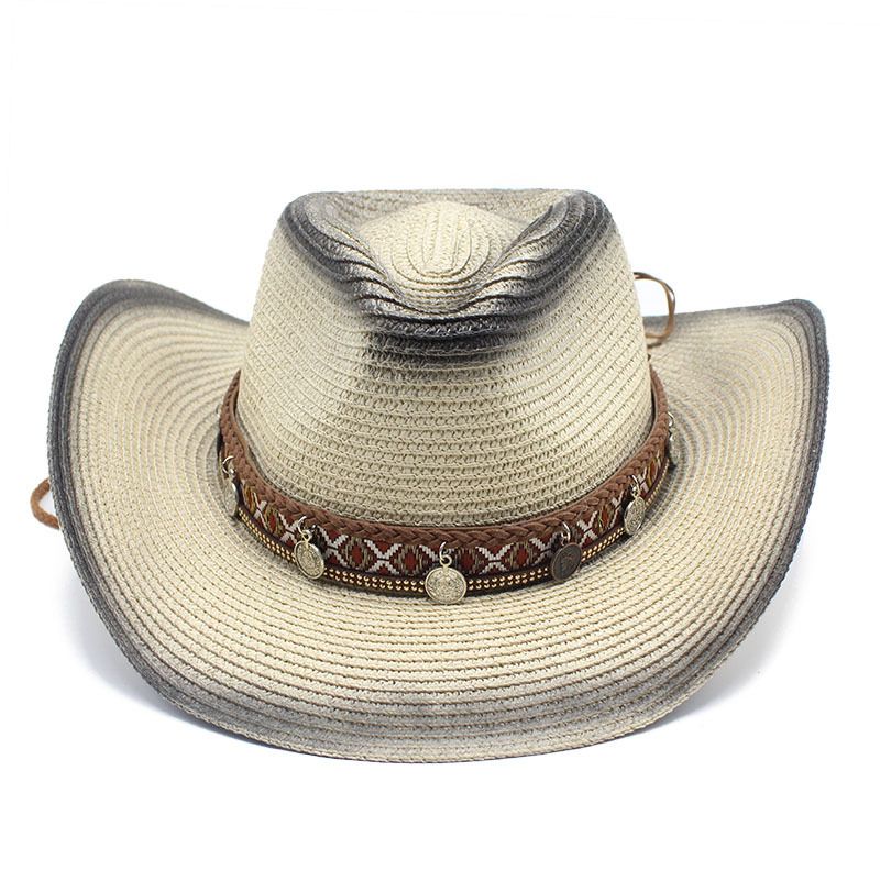 New Woven Straw Western Denim Drawstring Adjustable Knight Seaside Sunscreen Sun Hat_voghion.com