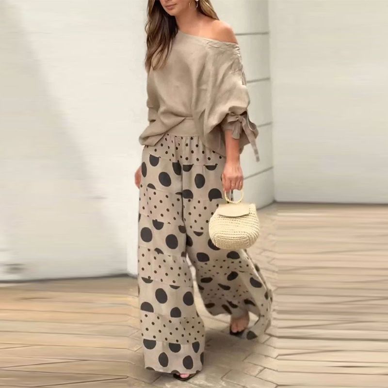 Women's Clothin fashion oblique collar one shoulder high waist casual printed pants suit for women_voghion.com