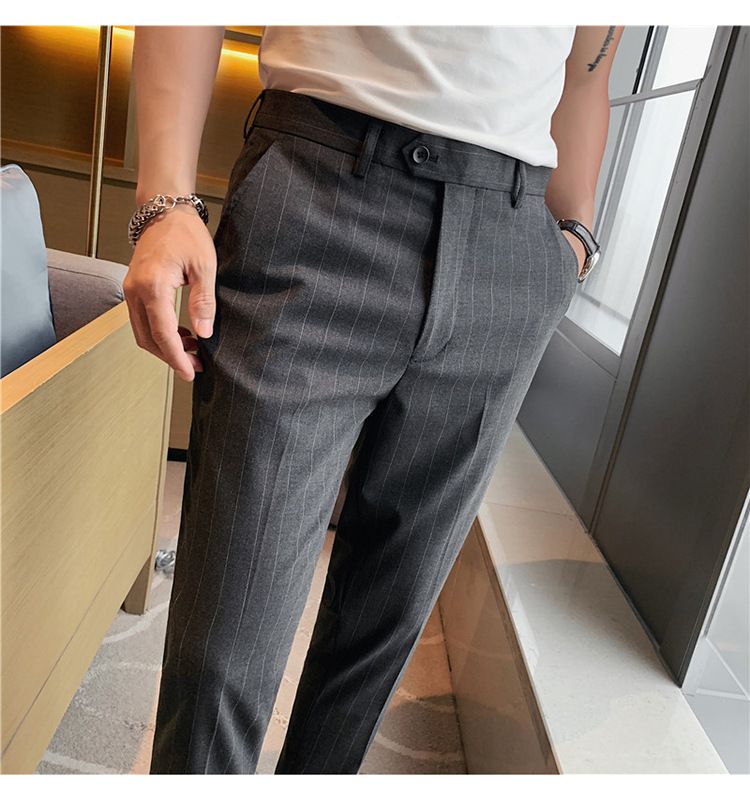 Summer thin men's slim-fitting trousers fashionable striped pants Korean version comfortable micro-elastic small foot_voghion.com