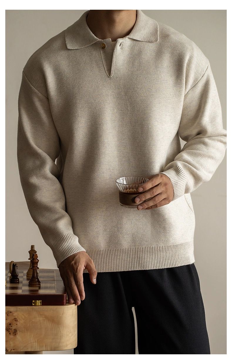 Pure Mixed Color Italian Style Lapel Half-Zip Knit For Men 2025 Autumn Winter Loose Lazy Polo Yarn Sweater_voghion.com