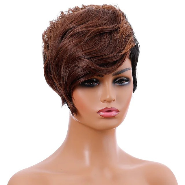 Synthetische Perücke für Damen, modisch, schwarz, braun gemischt, leicht gelockt, kurzes, glattes Haar, Kunstfaser-Mechanismus-Kapuze_voghion.com