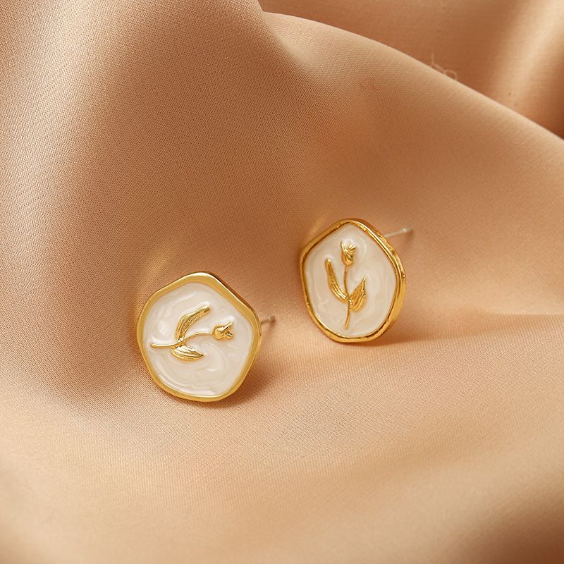 Orecchini vintage a tulipano in smalto con design a nicchia, orecchini geometrici bianchi, stile francese con nappa, temperamento irregolare_voghion.com