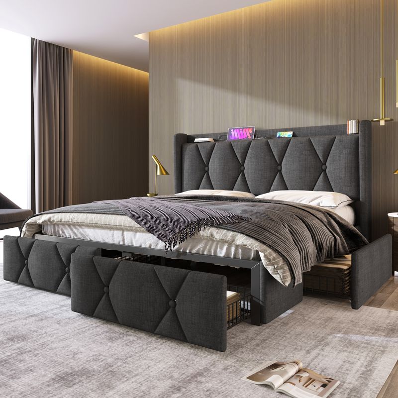 Cadre de lit double avec rangement 140 x 200 cm, avec port USB, tête de lit capitonnée et 4 tiroirs, sommier à lattes en bois gris (avec matelas)_voghion.com