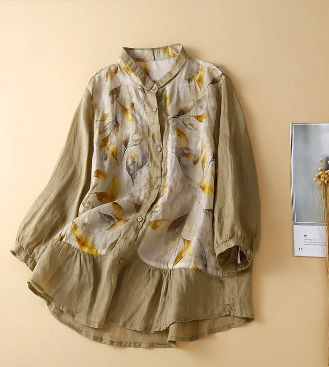 Camicia da donna con cuciture, manica a tre quarti in cotone e lino, sezione sottile, nuovo stile estivo 2022_voghion.com