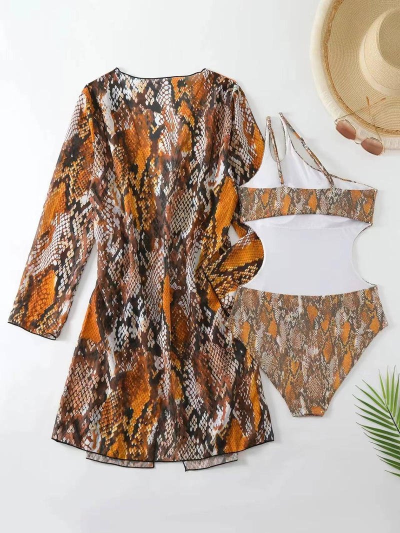 Set in due pezzi primavera calda con cappuccio a maniche lunghe europeo e americano 2024 con costume da bagno intero scavato con stampa retrò_voghion.com