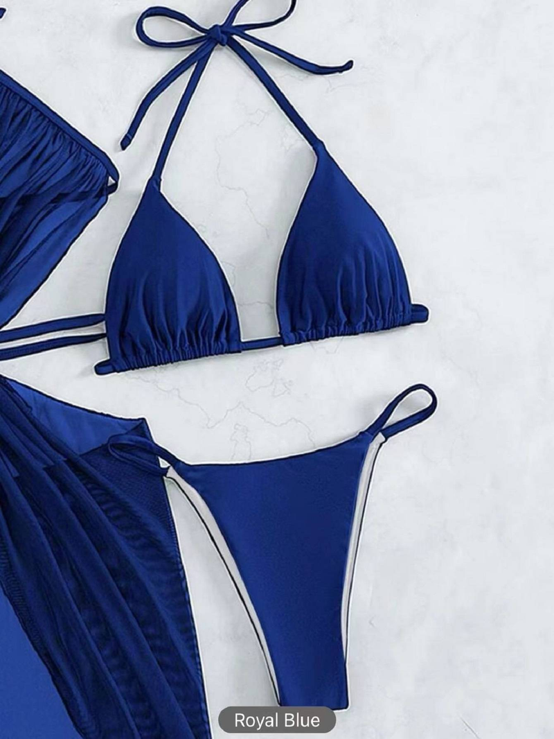 Bikini romantico sexy in rete con gonna in rete, set in tre pezzi, bikini alla moda in tinta unita_voghion.com