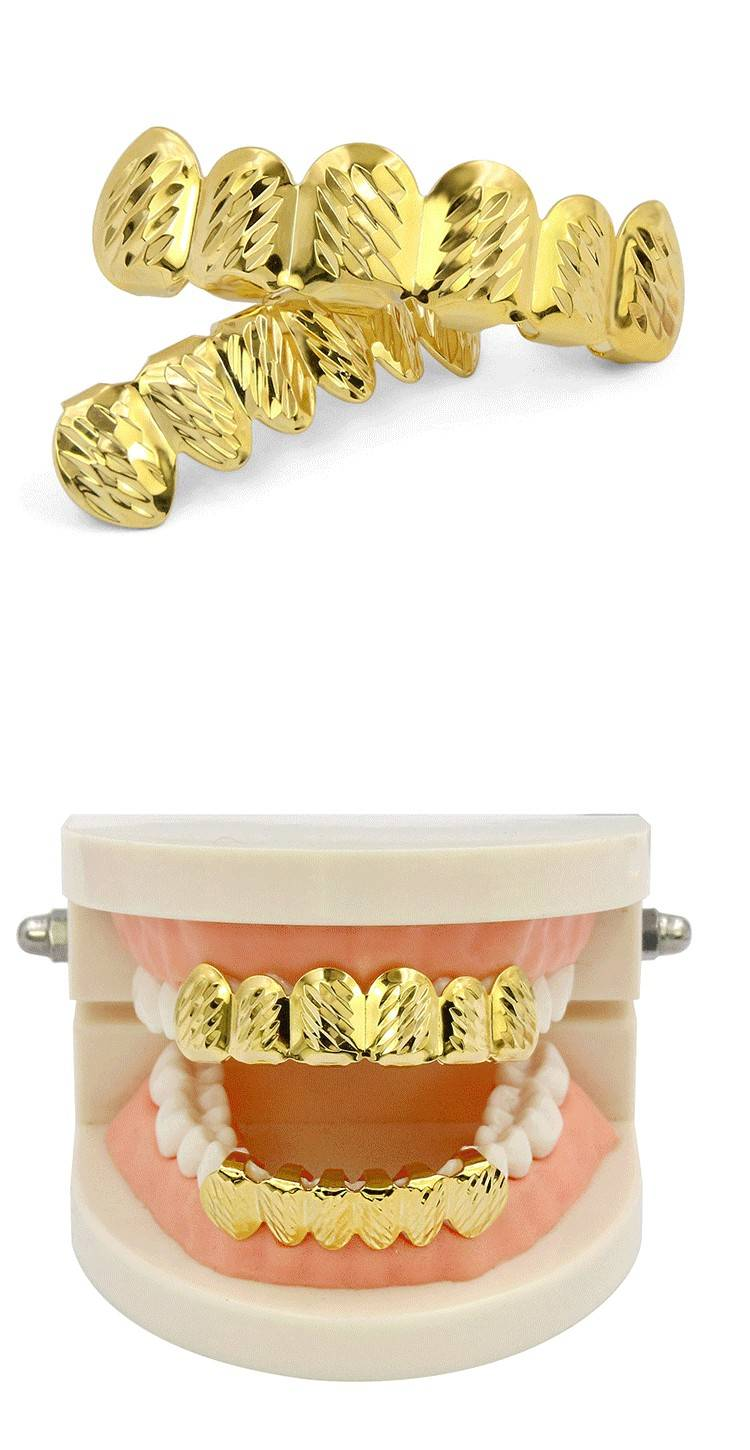 Aparate dentare hip hop aurii noi, vândute la modă, cu flori, dinți mari din aur, dinți din aur în două culori_voghion.com