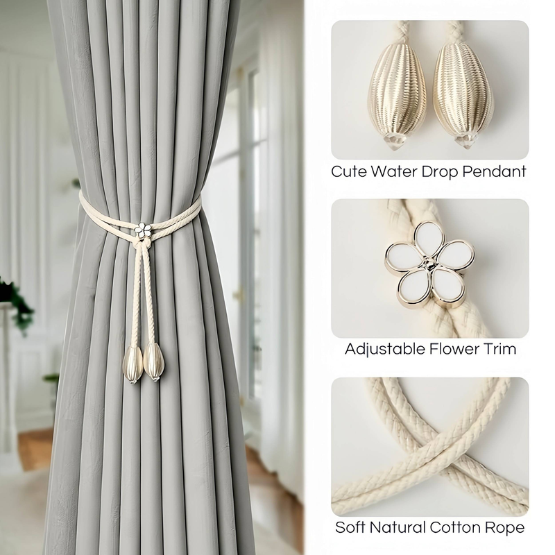 2 Pcs (1 Pair) Cotton Cord Curtain Tiebacks Tulip Pistil Design Noble And Elegant Total Length Approx. 19.7 Inches Retractable Snap Clip_voghion.com