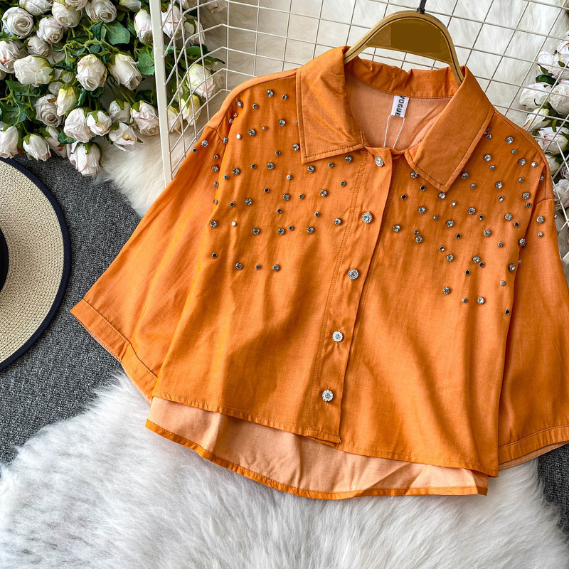 Luxe blouse met versieringen voor dames, statement revers, top met halflange mouwen, 8 levendige kleuren (zwart/groen/rood/meer) voor op kantoor en een avondje uit_voghion.com