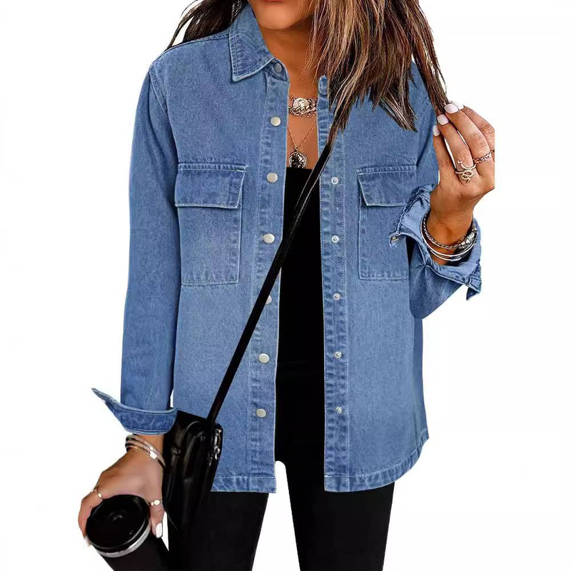 Stylische Button-Down-Jeansjacke für Damen – Klassischer, lockerer Schnitt, mittellanger Mantel aus Baumwollmischung mit Taschen (Hellblau, Vintage-Blau, Dunkelblau)_voghion.com