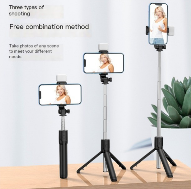 Heißer Verkauf Bluetooth-Telefon-Selfie-Stick Multifunktionale Live-Streaming-Kamera, Fülllicht, Zusammenklappbarer dreibeiniger Telefonhalter_voghion.com