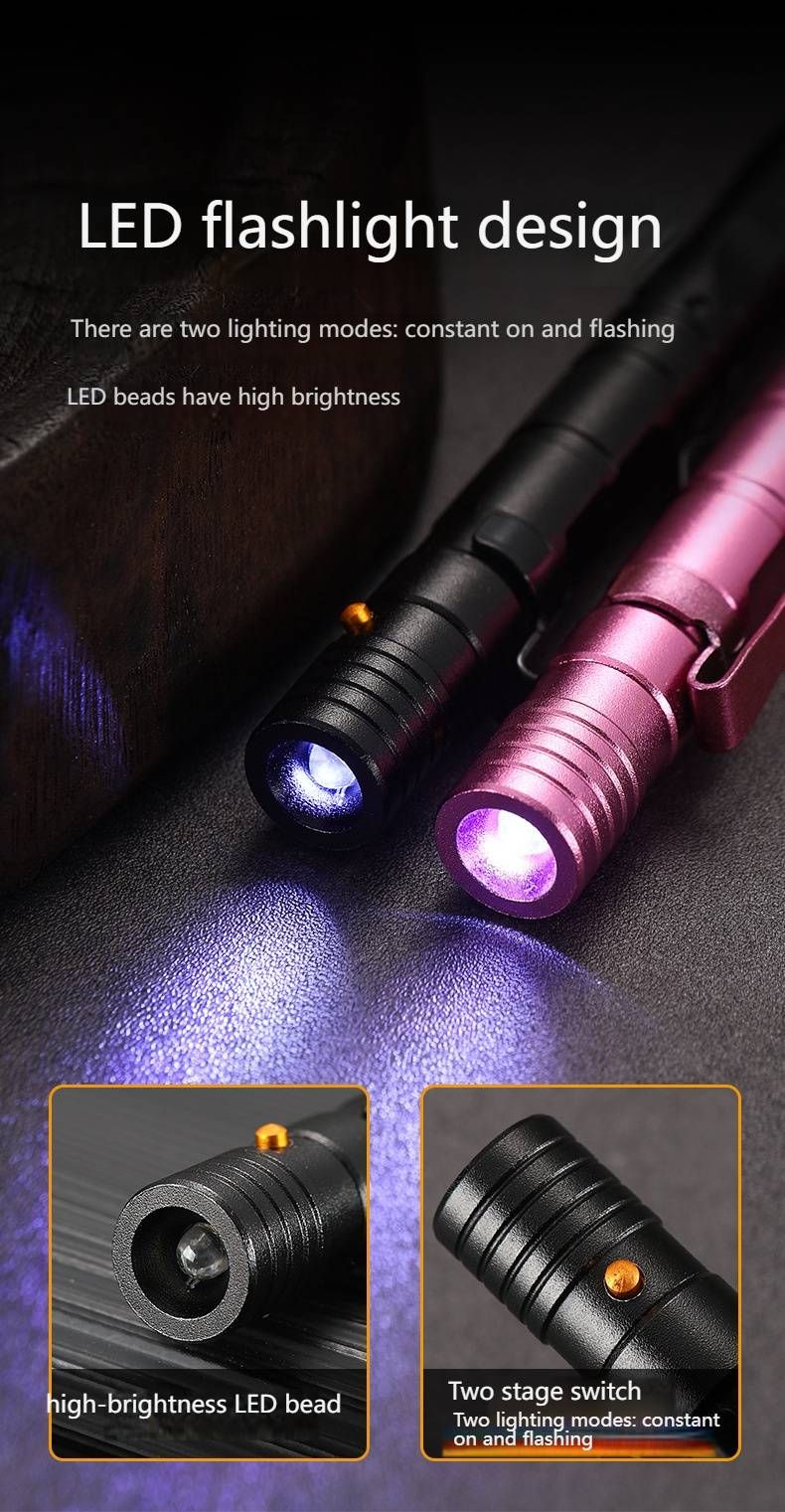 Taktischer Survival-Stift – Multifunktionswerkzeug mit Wolfram-Glasbrecher, LED-Licht und Edelstahlklinge für Camping/Notfälle (Schwarz/Pink/Blaugrün)_voghion.com