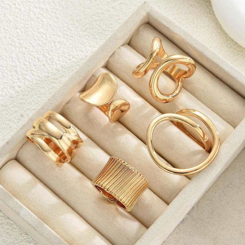Geometric Hollow Drop Ring Set For Women, 5-Piece Stackable Metal Finger Rings, Trendy Boho Chic Jewelry_voghion.com