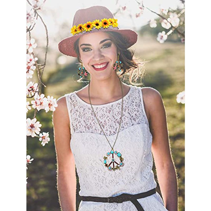 Occhiali da sole in costume hippie dell'era del carnevale e collane, orecchini, set di copricapo, accessori di abbigliamento con etichetta della pace_voghion.com