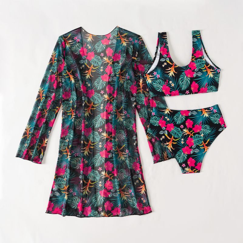 Clothing Fashion Multi Color Printed Bikini Mesh Three Piece Women's Swimsuit_voghion.com