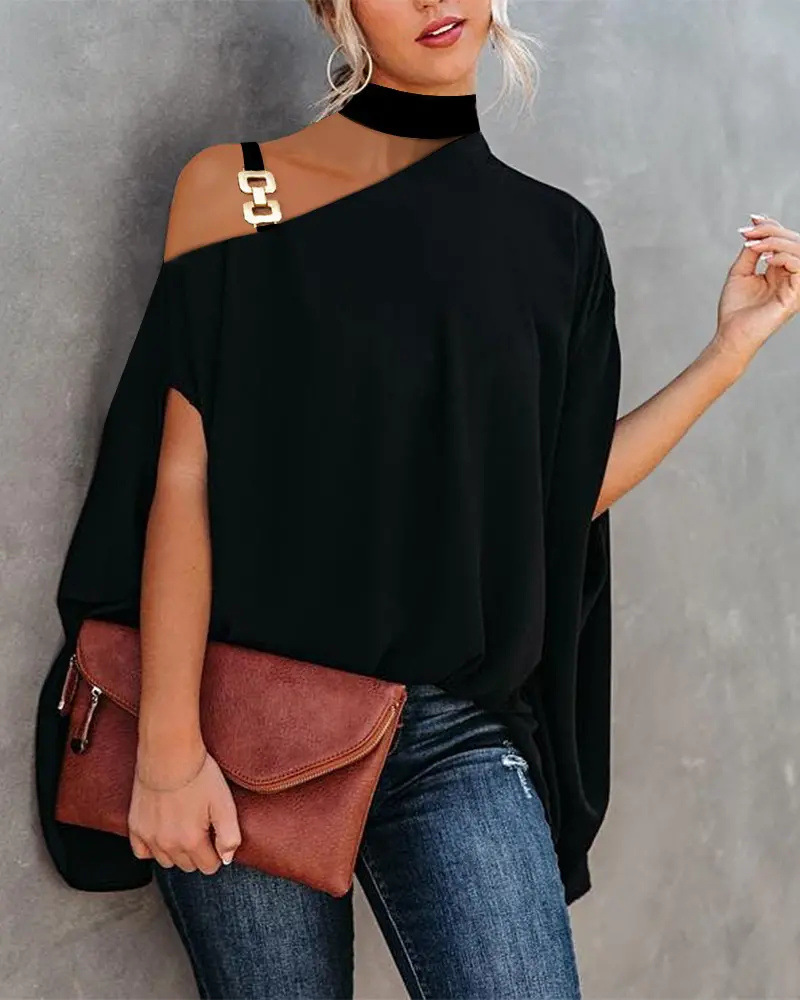 Kvinders afslappede ensfarvede kortærmede sorte one-line krave lang chiffon temperament pendling v-hals pullover skjorte_voghion.com
