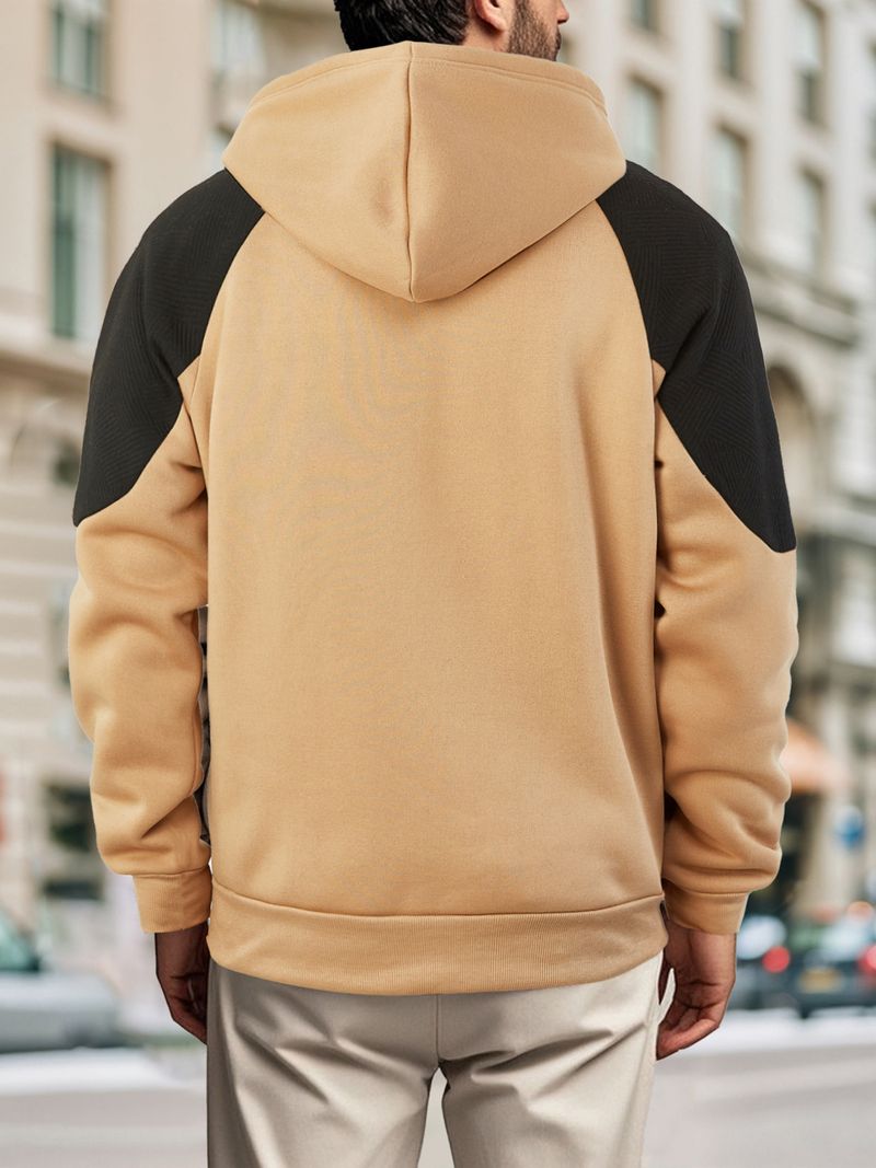Felpa con cappuccio color-block da uomo: pullover alla moda con pannelli a contrasto e vestibilità comoda (grigio chiaro/nero/kaki/blu navy)_voghion.com