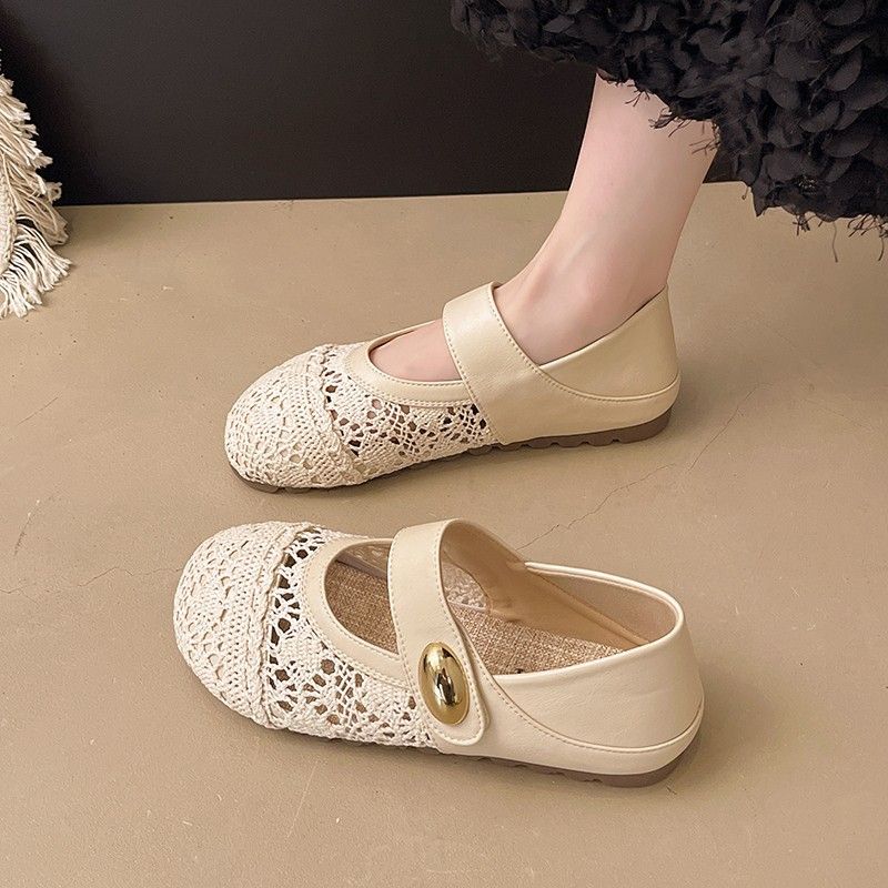 Thick-soled Inner Height-increasing Single Shoes Women's Woven One-pedal Velcro Mary Jane Shoes With Skirts Casual Shoes_voghion.com