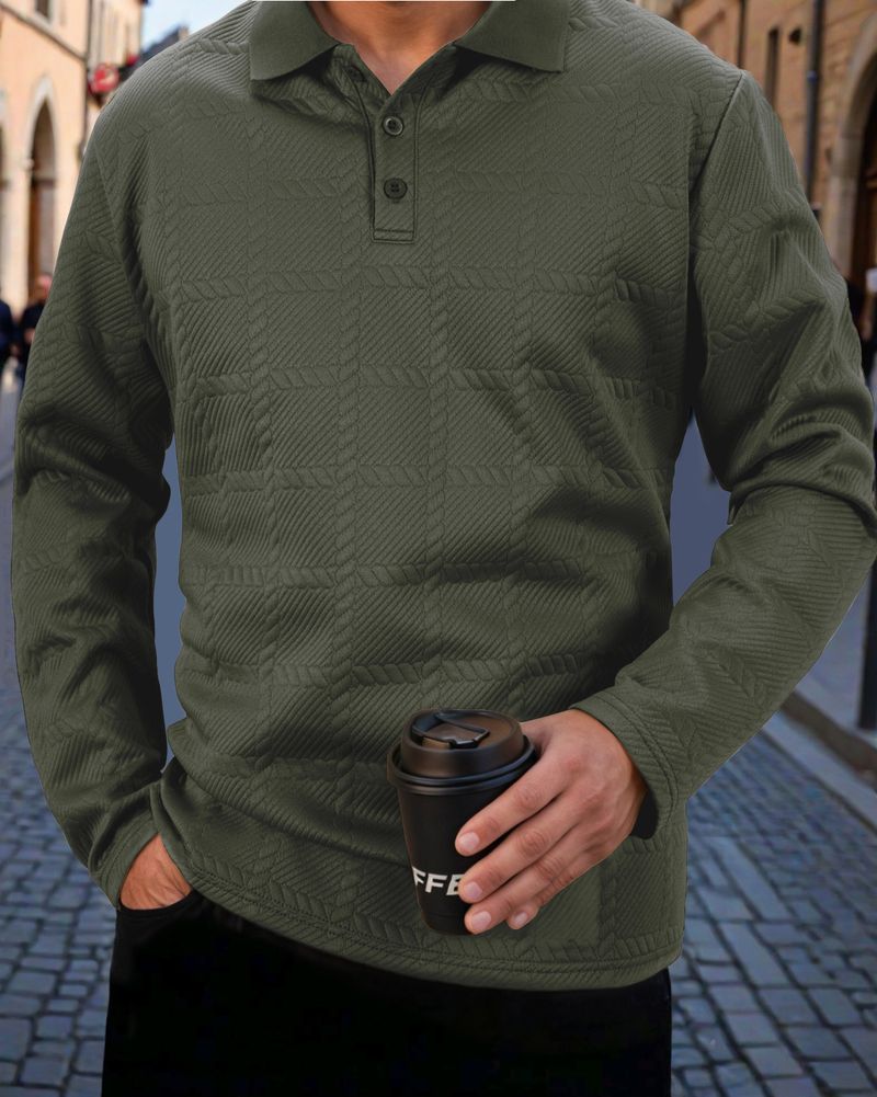 Langärmliges Poloshirt für Herren – Lässiges Button-Down-Hemd mit strukturiertem Strickkragen für Herbst und Winter – Atmungsaktives Baumwollmischgewebe, entspannte Passform_voghion.com