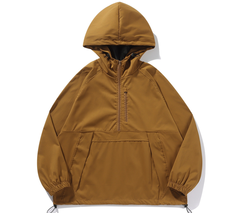 C Japanischer Baumwollmantel, wasserdicht, winddicht, mit Kapuze, funktionelle Werkzeugjacke, langärmelig, Ingwergelb, lockerer halber Reißverschluss_voghion.com