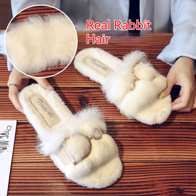 True Rabbit Hair For Female Outwear 2024 Spring And Autumn New Internet Celebrity Fairy Home Flat Bottom Cotton Slippers_voghion.com