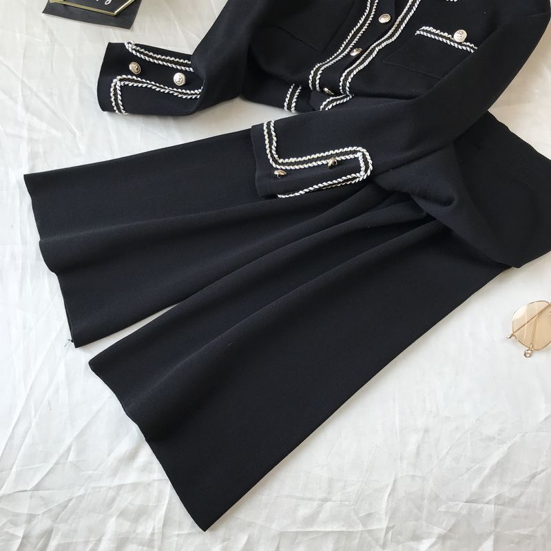 Kadın moda yuvarlak boyun örme hırka üst geniş bacak pantolon iki parçalı set_voghion.com