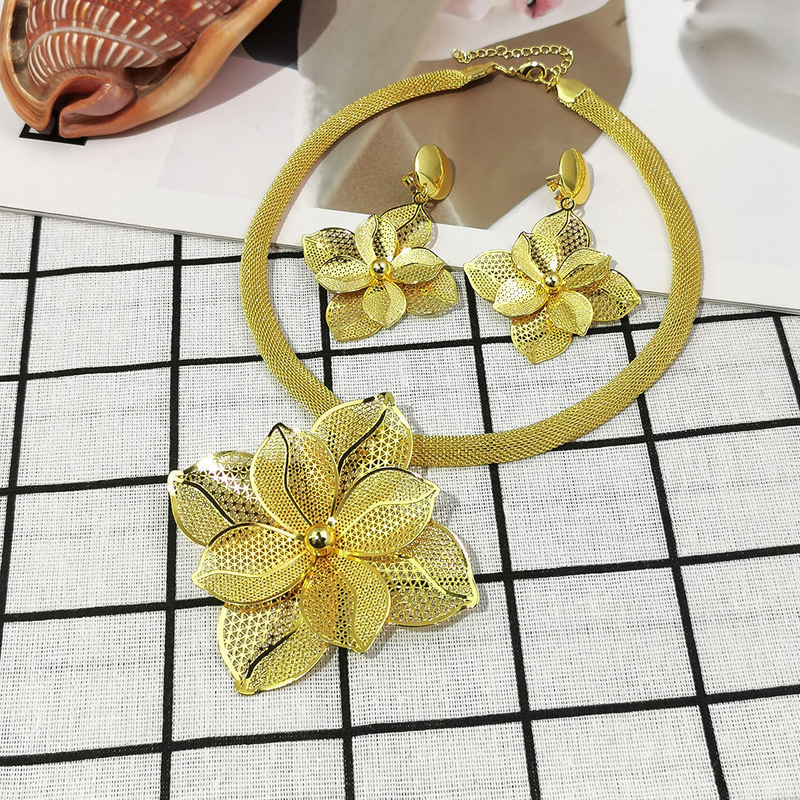 Ντουμπάι Jewelry Γυναικείο Σετ Νυφικό Κρεμαστό Κολιέ και Σκουλαρίκια Μεγάλο Λουλούδι_voghion.com