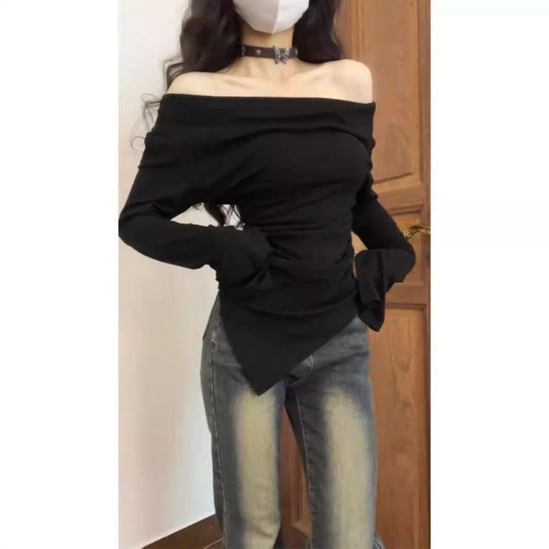 Plus Size Fashion Vielseitiges unregelmäßiges schulterfreies Oberteil Herbst Neues Pure Desire Style Schlankmachendes Langarm-Basishemd_voghion.com