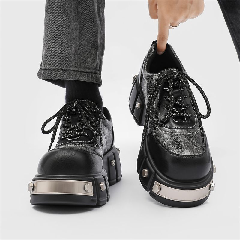 Paris 7 cm dicke Sohle, Erhöhung des großen Kopfes, Derby-Schuhe, dicke Sohle, runder Kopf, kleine Lederschuhe, Metall, Retro-Muffin-Papa-Schuhe_voghion.com