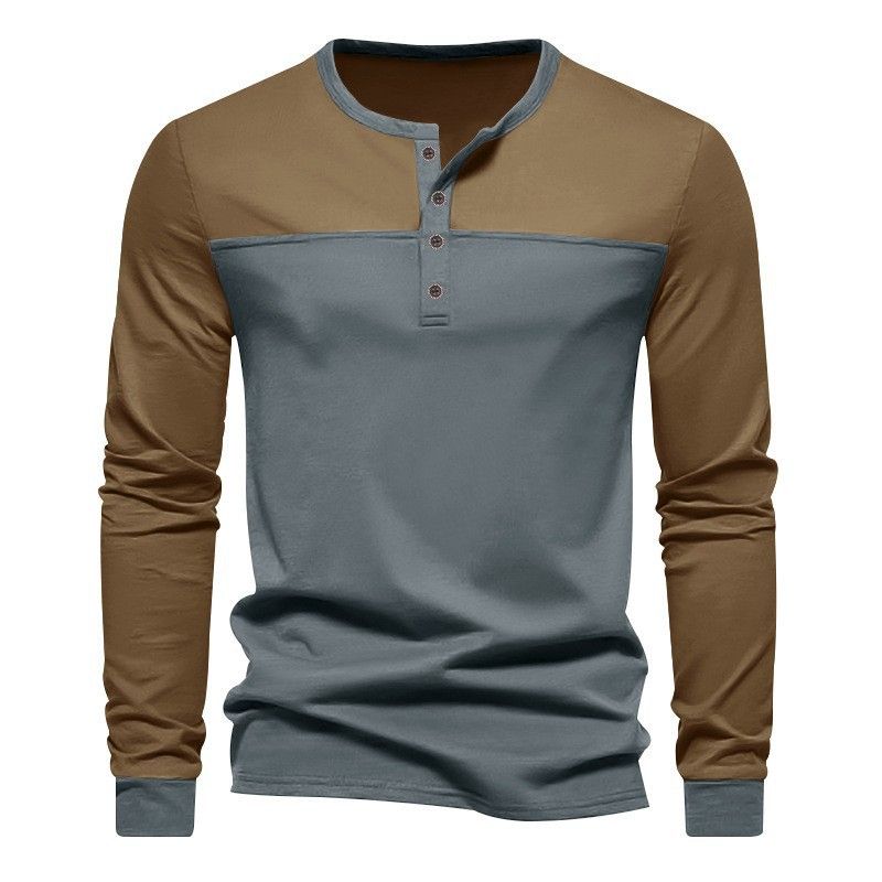 Herren-Retro-T-Shirt mit Henley-Kragen – Zweifarbiges, atmungsaktives Langarmshirt aus Polyester-Mischgewebe (S-XXXL)_voghion.com