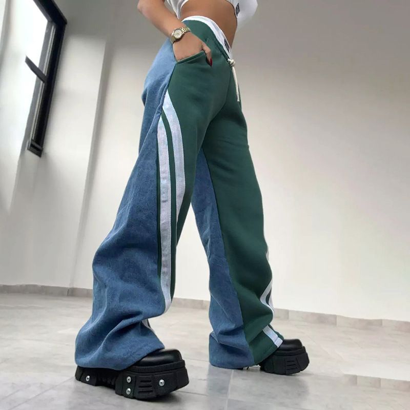 Abbigliamento donna tendenza moda strisce di colore a contrasto cuciture larghe gamba larga tempo libero_voghion.com