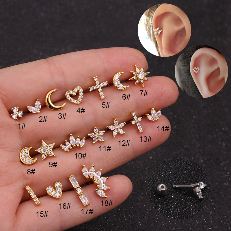 Tige en titane et acier inoxydable, 2 pièces, avec micro incrustation de vis à os de couronne en zircon, boule torsadée, bijoux d'oreille à la mode_voghion.com